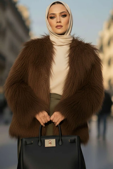 Kruvaze Yaka Kürklü Mont Acı Kahve ürün görseli 1