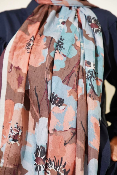 Çiçek Desenli Soft Bambu Kraş Şal Acı Kahve - Resim 4