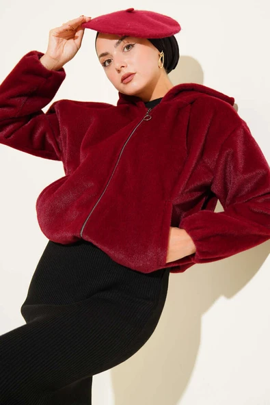 Kapüşonlu Kısa Kaşe Ceket Bordo