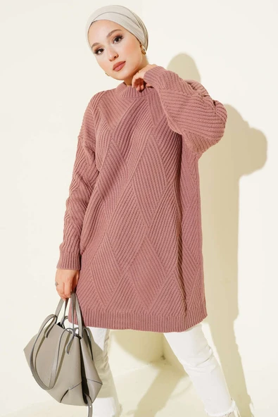 Çizgi Baklava Desen Triko Tunik Gül Kurusu ürün görseli