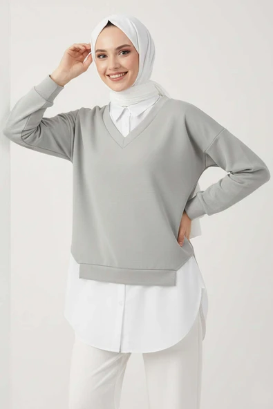 Gömlek Yakalı Granili Tunik Gri ürün görseli