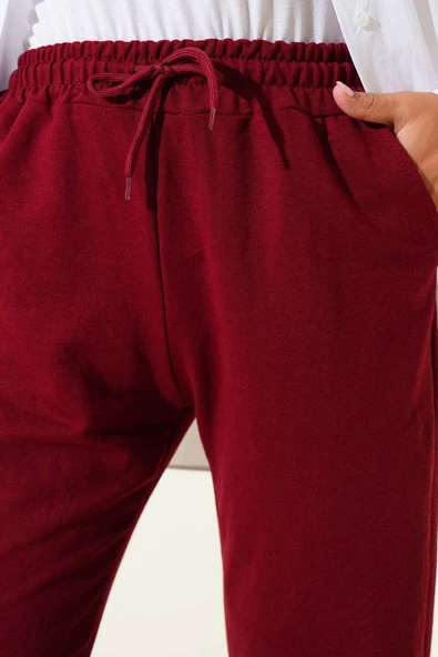 Bel Ve Bilek Lastikli Jogger Pantolon Bordo - Resim 4
