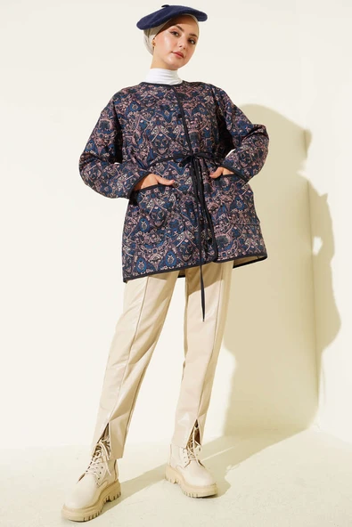 Retro Desen Kapitone Ceket Lacivert - Resim 2