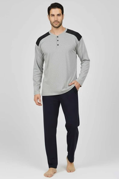 Yaka Düğmeli Büyük Beden İnterlok Erkek Pijama Takım Gri ürün görseli 1