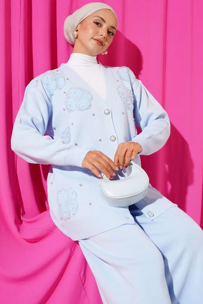 İnci Çiçek Detaylı İkili Triko Takım Mavi - Resim 2