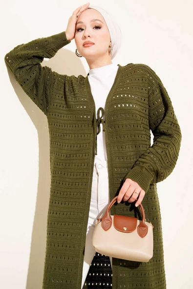 Bağcık Detaylı Uzun Triko Hırka Haki - Resim 2