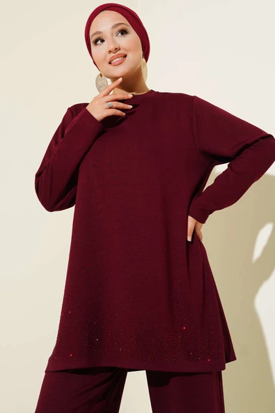 Loyşa Mini Taş Süslemeli İkili Takım Bordo - Resim 2