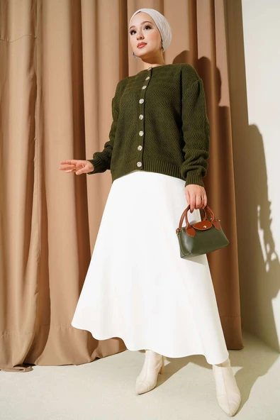 Zikzak Desenli Gold Düğmeli Triko Hırka Haki - Resim 2