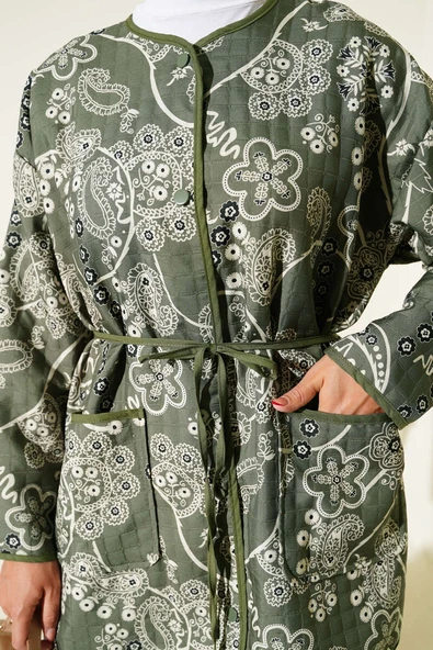 Retro Desen Kapitone Ceket Haki - Resim 4