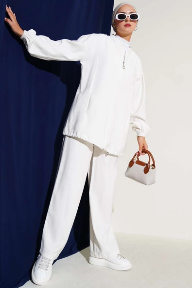 Bilek Lastikli Fermuarlı Tensel İkili Takım Beyaz ürün görseli 1