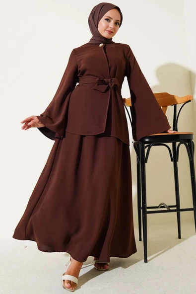 Tek Düğmeli Kuşaklı Dabıl İkili Takım Acı Kahve ürün görseli 1