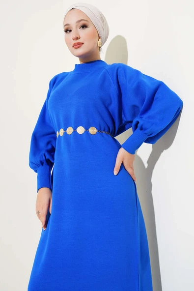 Balon Kol Triko Elbise Saks - Resim 2