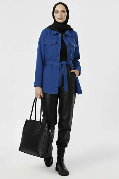 Kuşaklı Düğmeli Kaşe Ceket Saks