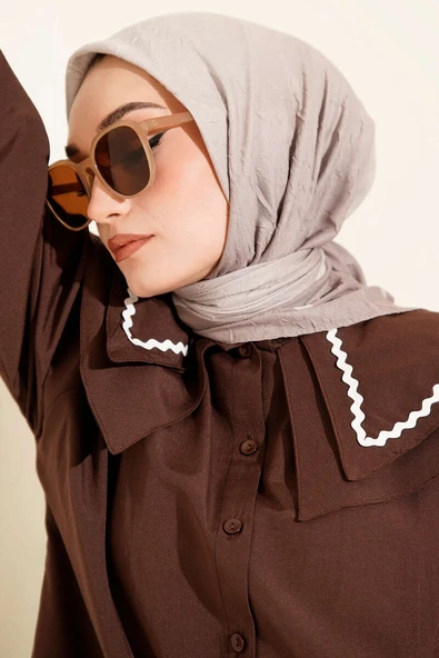 Şeritli Bambu Kraş Eşarp Vizon - Resim 2