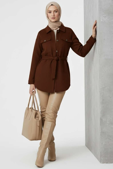 Kuşaklı Düğmeli Kaşe Ceket Kahve
