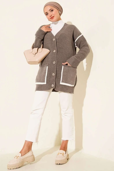 Cepli Gold Düğmeli Triko Hırka Vizon - Resim 2