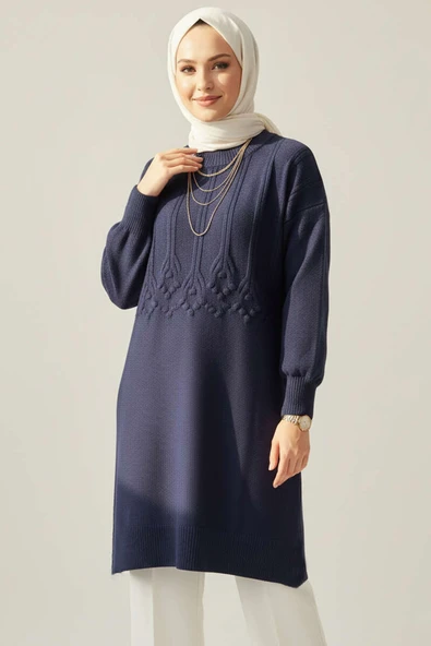 Kabartma Desen Yumoş Triko Tunik Lacivert ürün görseli