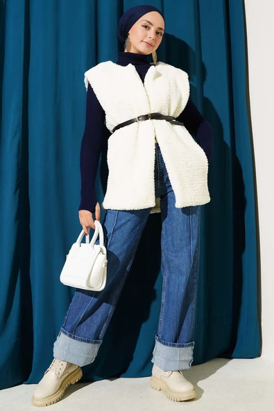 Kemerli Peluş Yelek Ekru - Resim 2