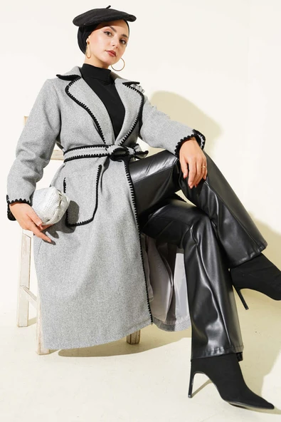 Midye Dikişli Kuşaklı Kaşe Kaban Gri