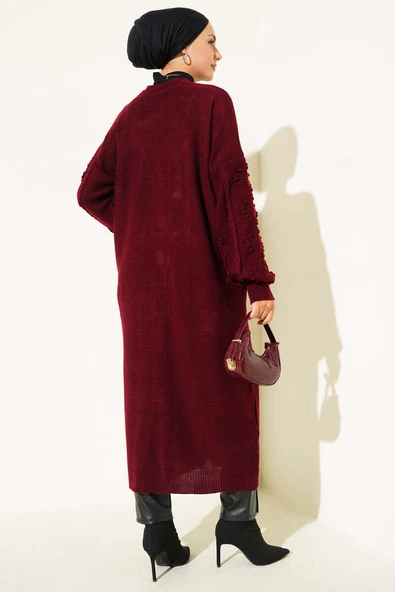 Taşlı Düğmeli Triko Hırka Bordo - Resim 3