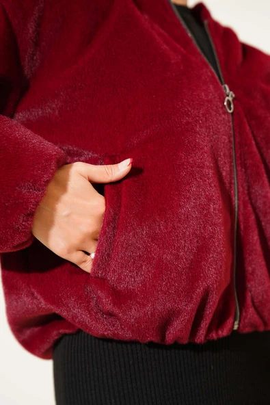 Kapüşonlu Kısa Kaşe Ceket Bordo - 4