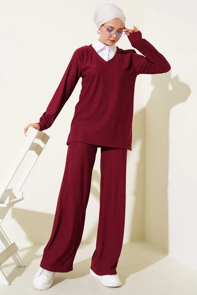 Gömlek Yaka Fitilli Salaş İkili Takım Bordo - Resim 2