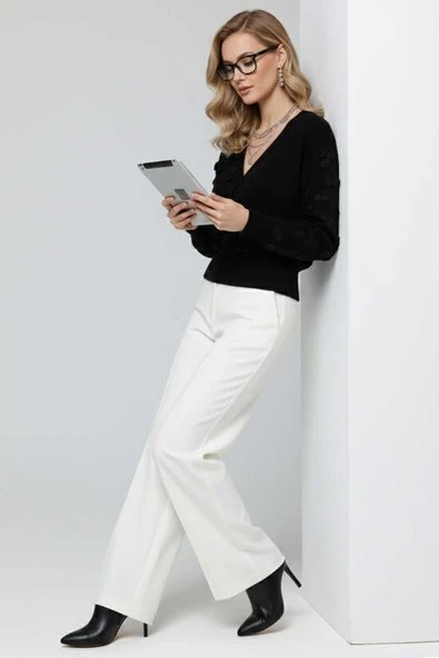 Dantelli Kruvaze Yaka Kazak Siyah - 2