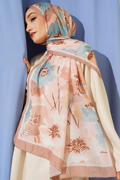 Çiçek Desenli Soft Bambu Kraş Şal Latte ürün görseli 1