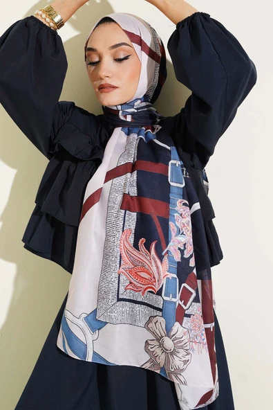 Kemer Desenli Soft Şal Lacivert - Resim 2