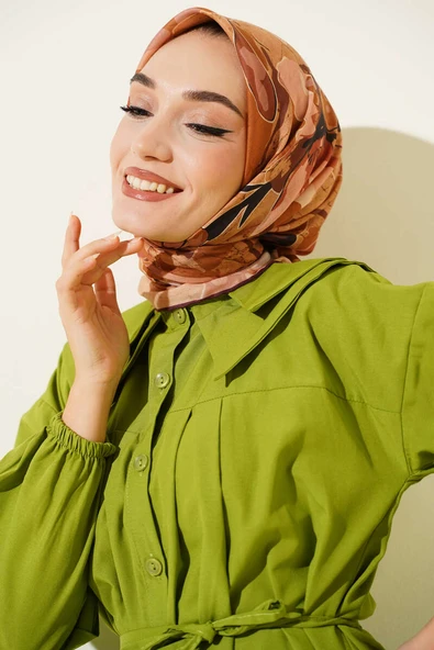 Ebruli Flowers Soft Eşarp Taba ürün görseli 1