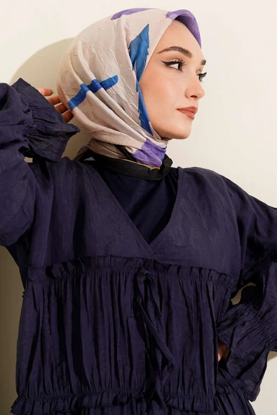 Çiçekli Şeritli Bambu Kraş Eşarp Mor - Resim 2