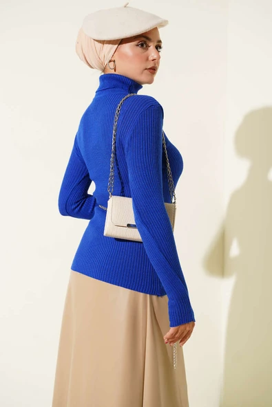 Balıkçı Yaka Parmak Geçirmeli Triko Kazak Saks - Resim 3