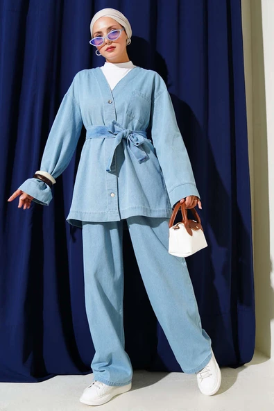 Metal Düğmeli Cepli Kot İkili Takım Açık Mavi ürün görseli 1