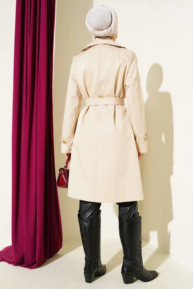 Tek Omuz Apoletli Kruvaze Trençkot Bej - Resim 3