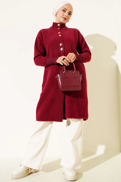 Metal Düğmeli Sakallı Hırka Bordo - Resim 2