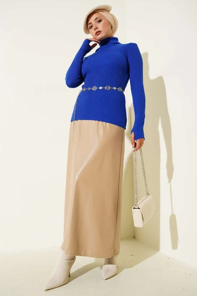 Balıkçı Yaka Parmak Geçirmeli Triko Kazak Saks - Resim 2