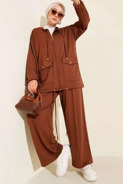 Loyşa Fermuarlı Cepli Kapüşonlu İkili Takım Kahve ürün görseli 1