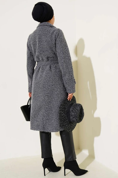 Kruvaze Yaka Kuşaklı Kaşe Kaban Füme - Resim 3