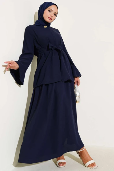 Tek Düğmeli Kuşaklı Dabıl İkili Takım Lacivert ürün görseli 1