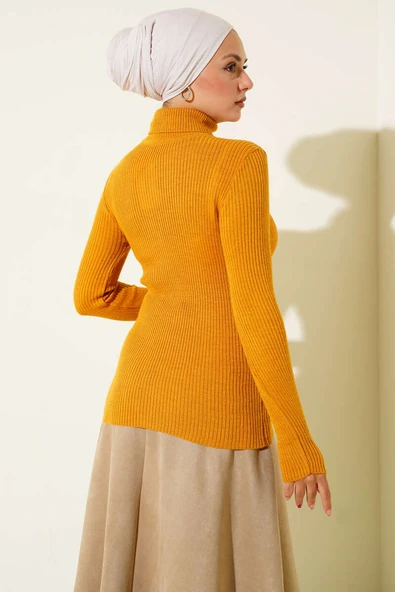 Balıkçı Yaka Parmak Geçirmeli Triko Kazak Hardal - Resim 3