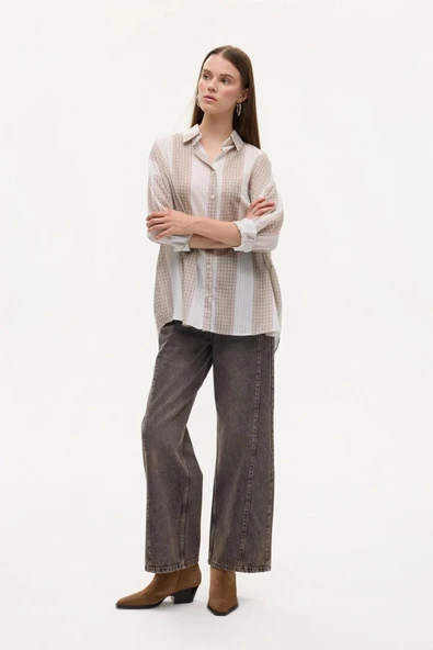 Quzu Matchli Oversize Kadın Gömlek 26KGML01003 - Resim 3