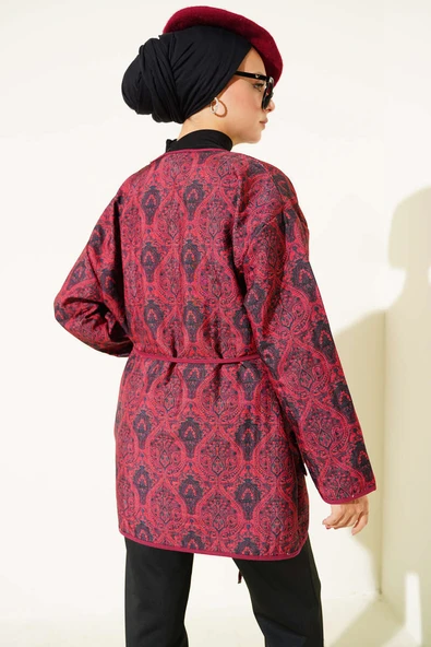 Retro Desen Kapitone Ceket Bordo - Resim 3