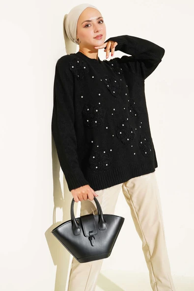 Tül Çiçekli Taşlı Triko Tunik Siyah ürün görseli 1