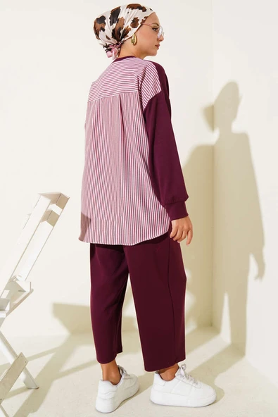 Armalı Çizgili Garnili İkili Takım Bordo - Resim 3