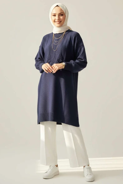 Kabartma Desen Yumoş Triko Tunik Lacivert - Resim 2