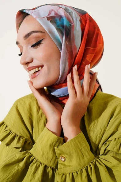 Karışık Ebruli Eşarp Siyah Oranj ürün görseli 1