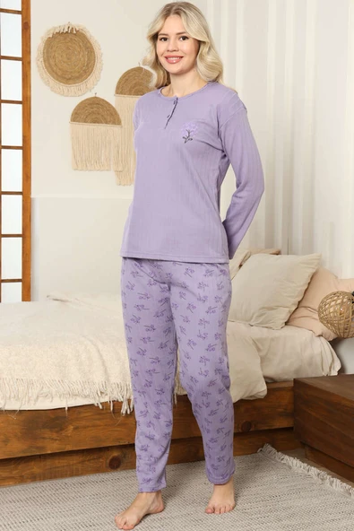 Çiçekli Fitilli Pijama Takımı Lila ürün görseli 1