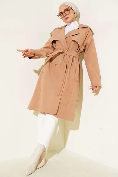 Omuz Apoletli Düğme Detaylı Trençkot Camel - Resim 2