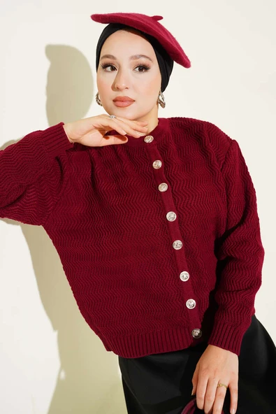 Zikzak Desenli Gold Düğmeli Triko Hırka Bordo - Resim 2