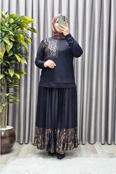Kadın Tesettür Giyim Büyük Beden Pileli Leopar Desenli Etekli Takım - 6